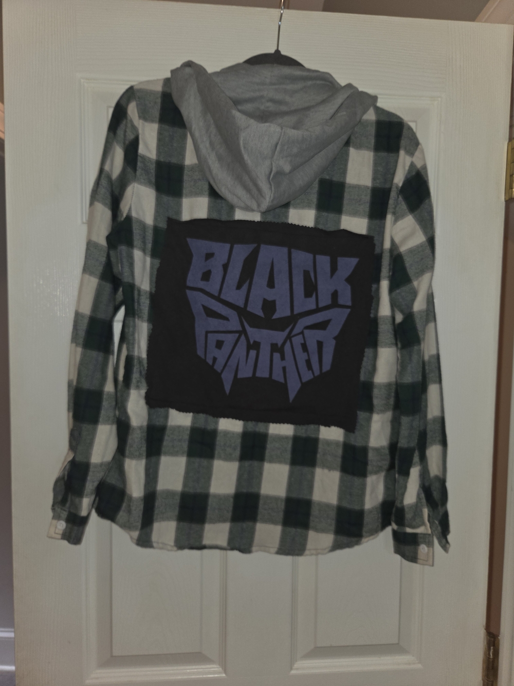Upcycled Black Panther Plaid Hoodie Flannel Shirt - Green & White